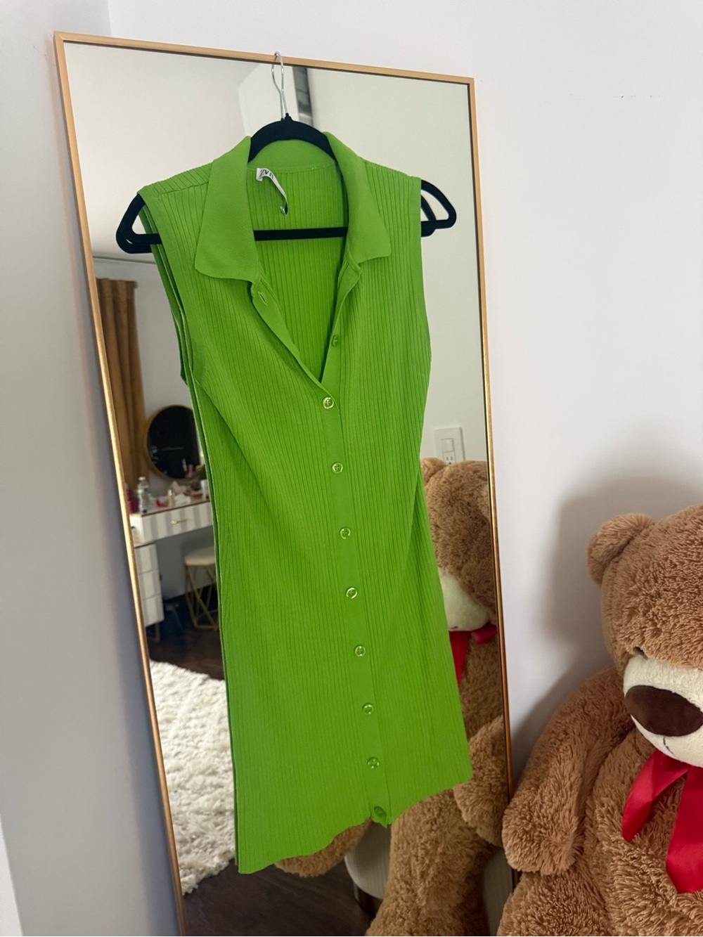 Zara Sleeveless Button-Front Ribbed Dress - Lime Green